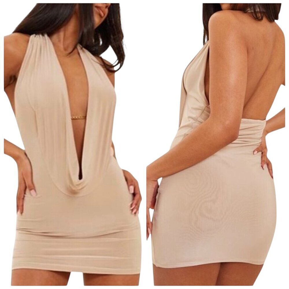 PrettyLittleThing Stone Cowl Chain Halter Bodycon Mini Dress Beige 12